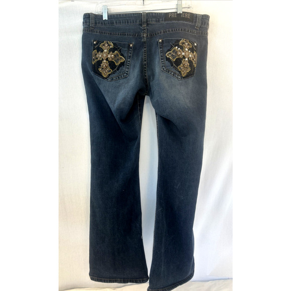 Premiere Demin Jeans Size 36x30 Wide Flair Cross Embellished Pockets Bling Studs - Picture 1 of 9